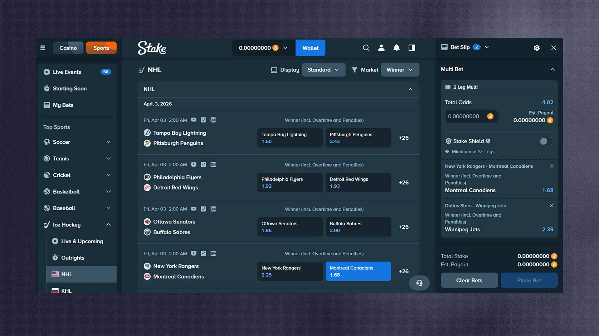 Stake sportsbook with Canadian hockey markets