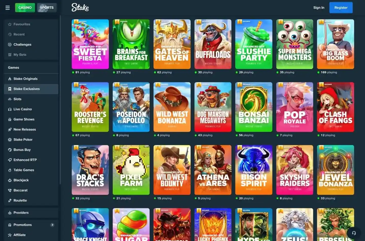 Stake.us slots and casino lobby