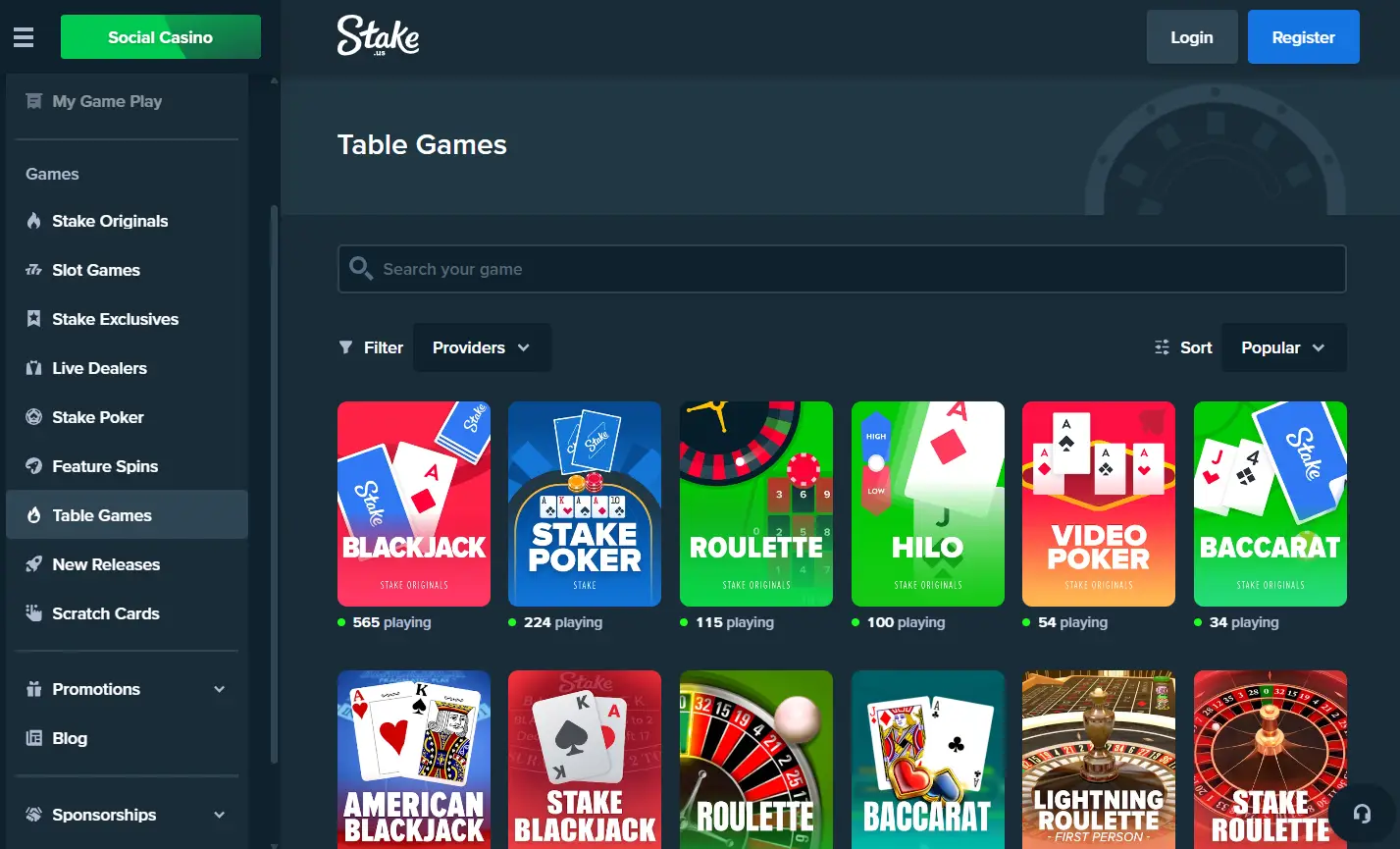 Stake.us table games section